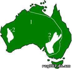 Область распространения (1) ит основные места гнездования в Австраии (2)